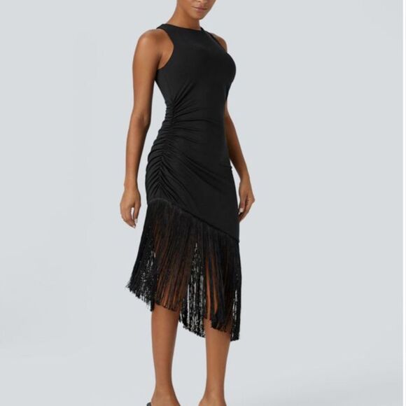 Halara Round Neck Sleeveless Ruched Fringe Bodycon Midi Resort Dress S NWT - Picture 3 of 13